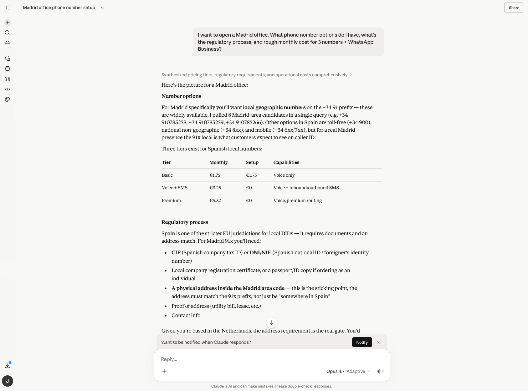 Claude beantwoordt een multi-tool-vraag over het openen van een kantoor in Madrid met Cliqtel MCP